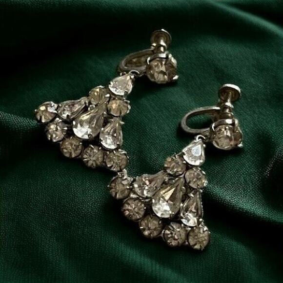 Vintage Signed Czech Rhinestone Fan Earrings Dangle Teardrop Flared Screw Back - Picture 4 of 6
